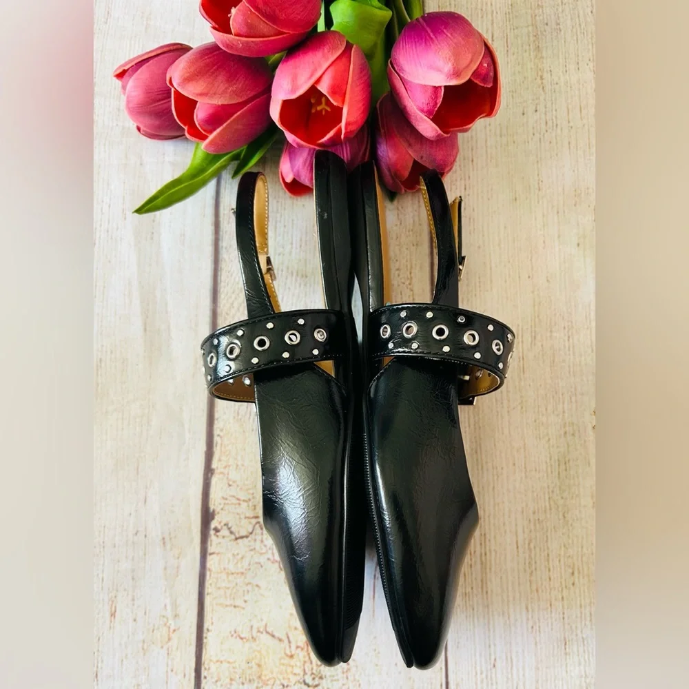 SODA Black Patent Leather Slingback Mary Jane Buckle Grommet Round Toe Flats